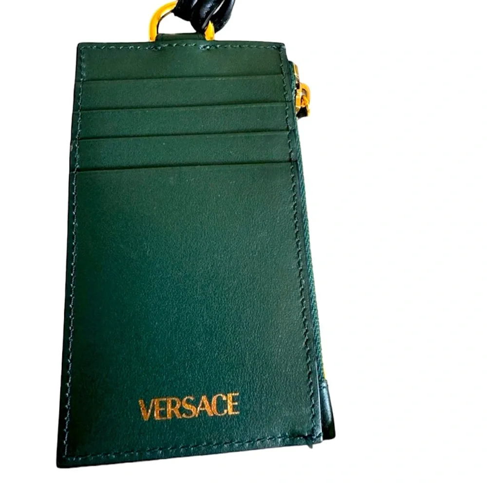 Versace Medusa Forest Green Unisex Leather Wallet With Detachable Lanyard Strap